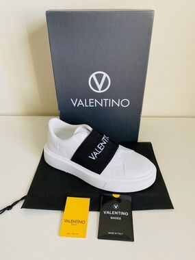 Valentino Mario Valentino White Leather Logo Band Sneakers - NIB
